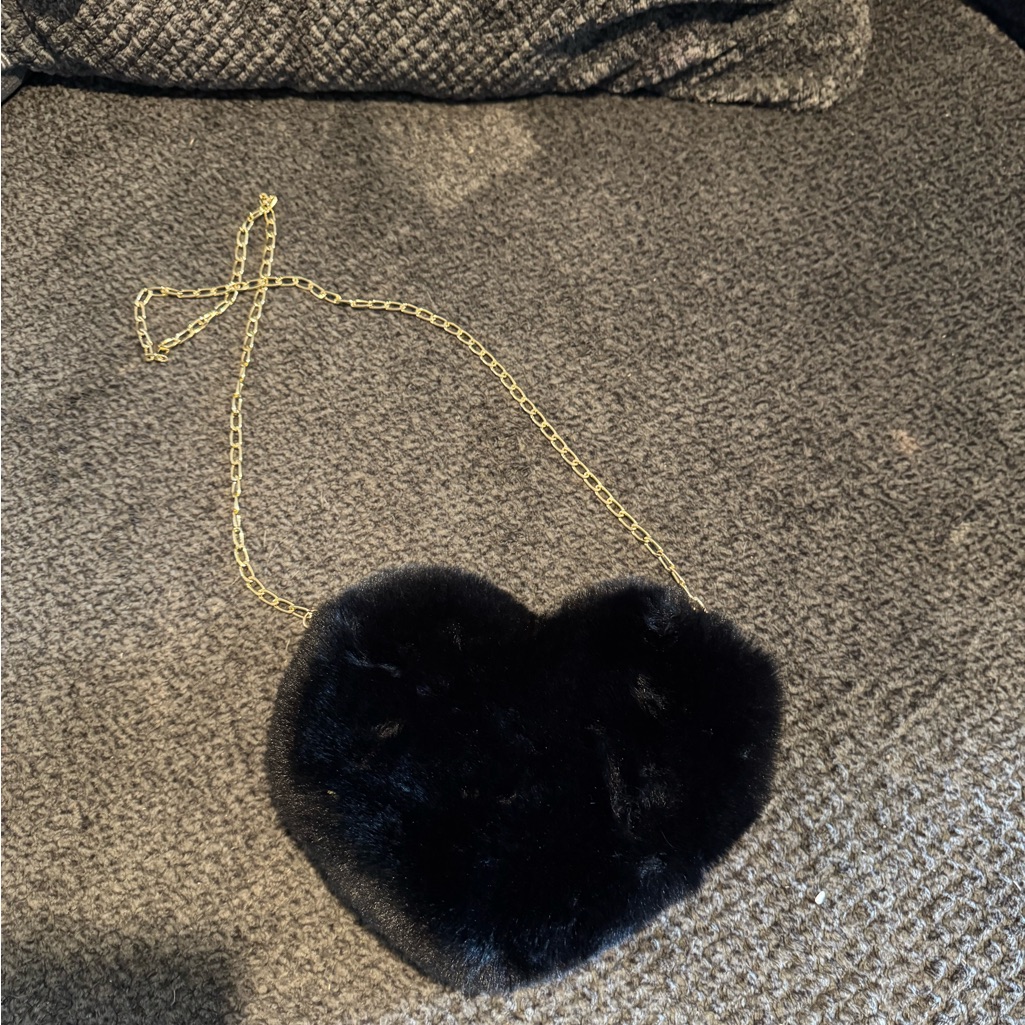 Black Faux Fur Heart-Shaped Bag With Gold Chain